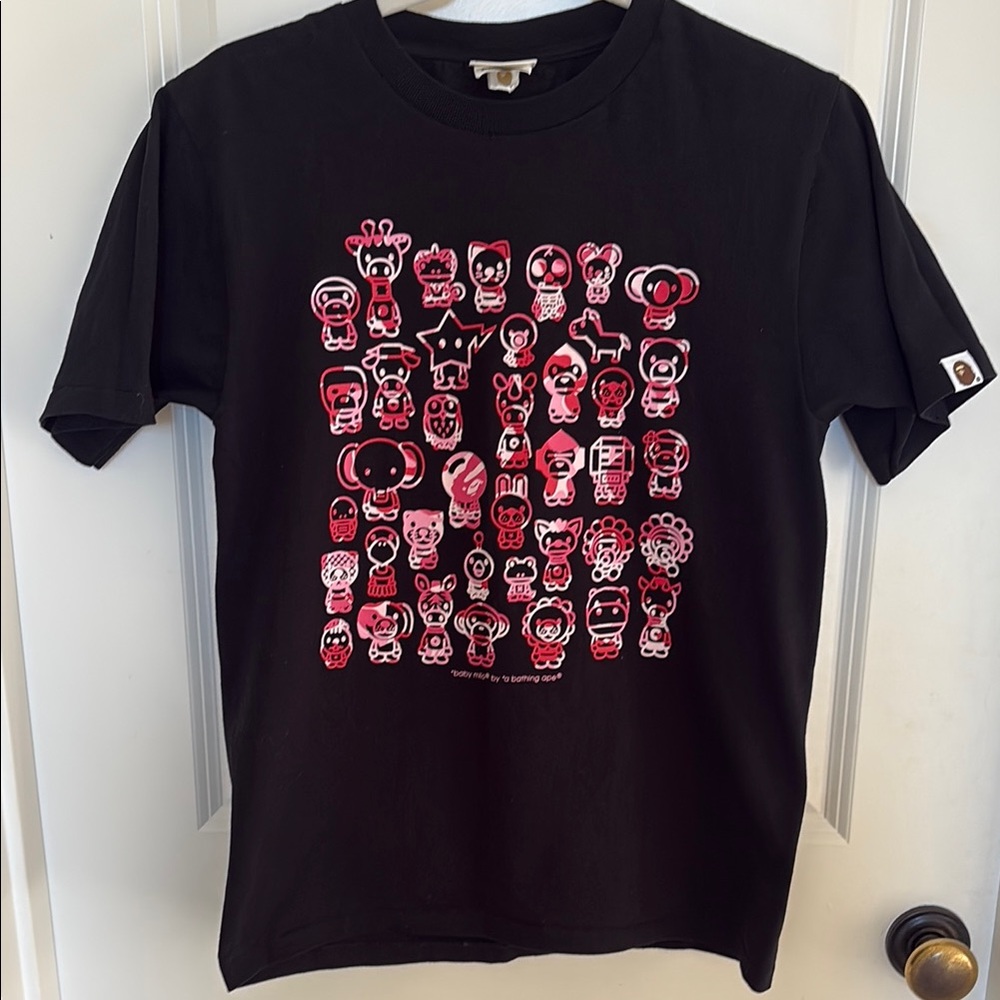 Bape Black Short Sleeve Tee with Pink Character Grid